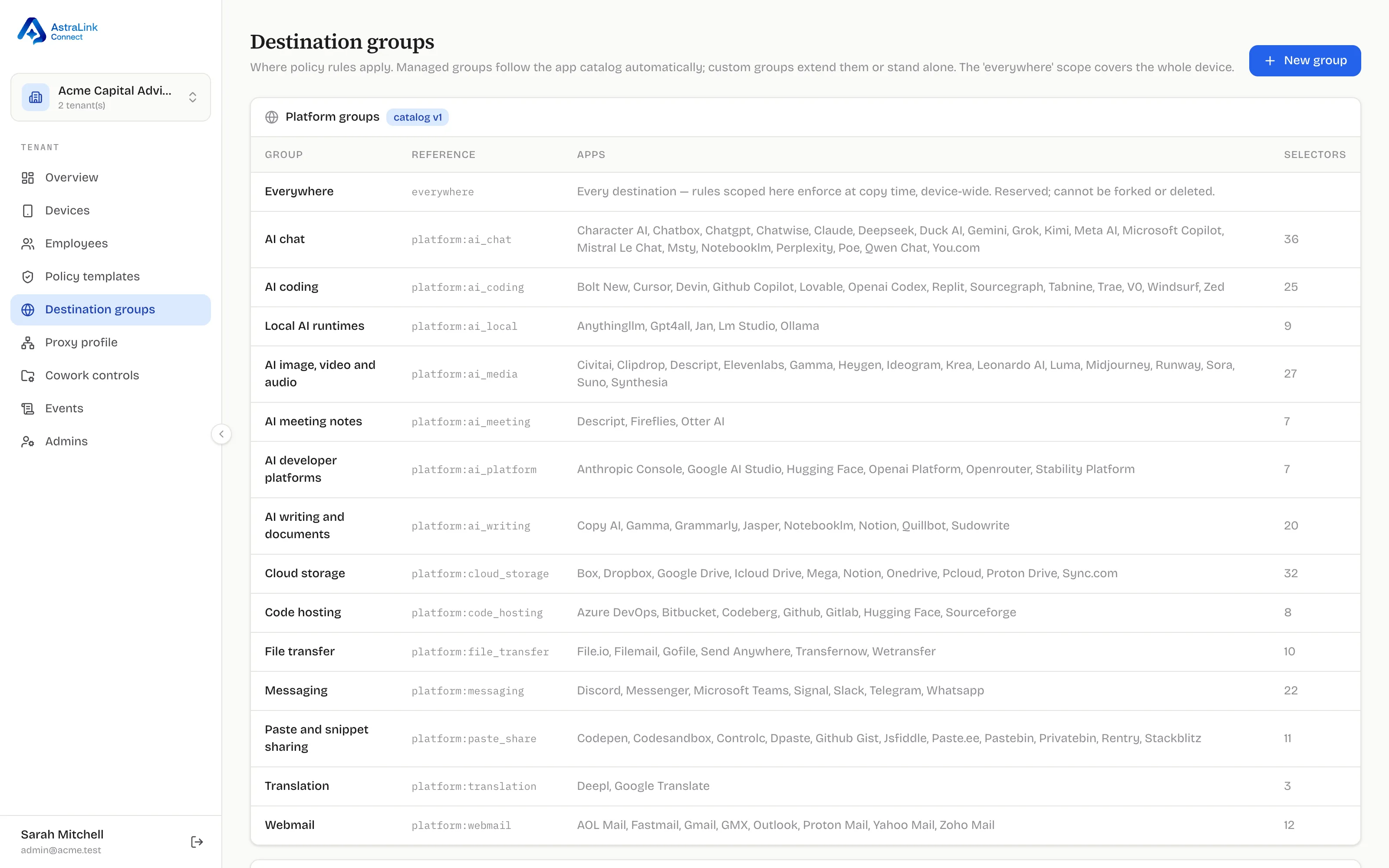 Destination groups page