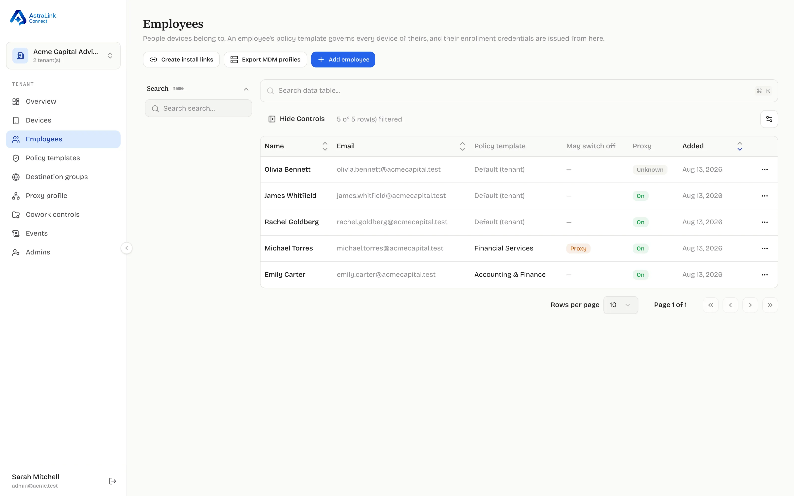 Employees page
