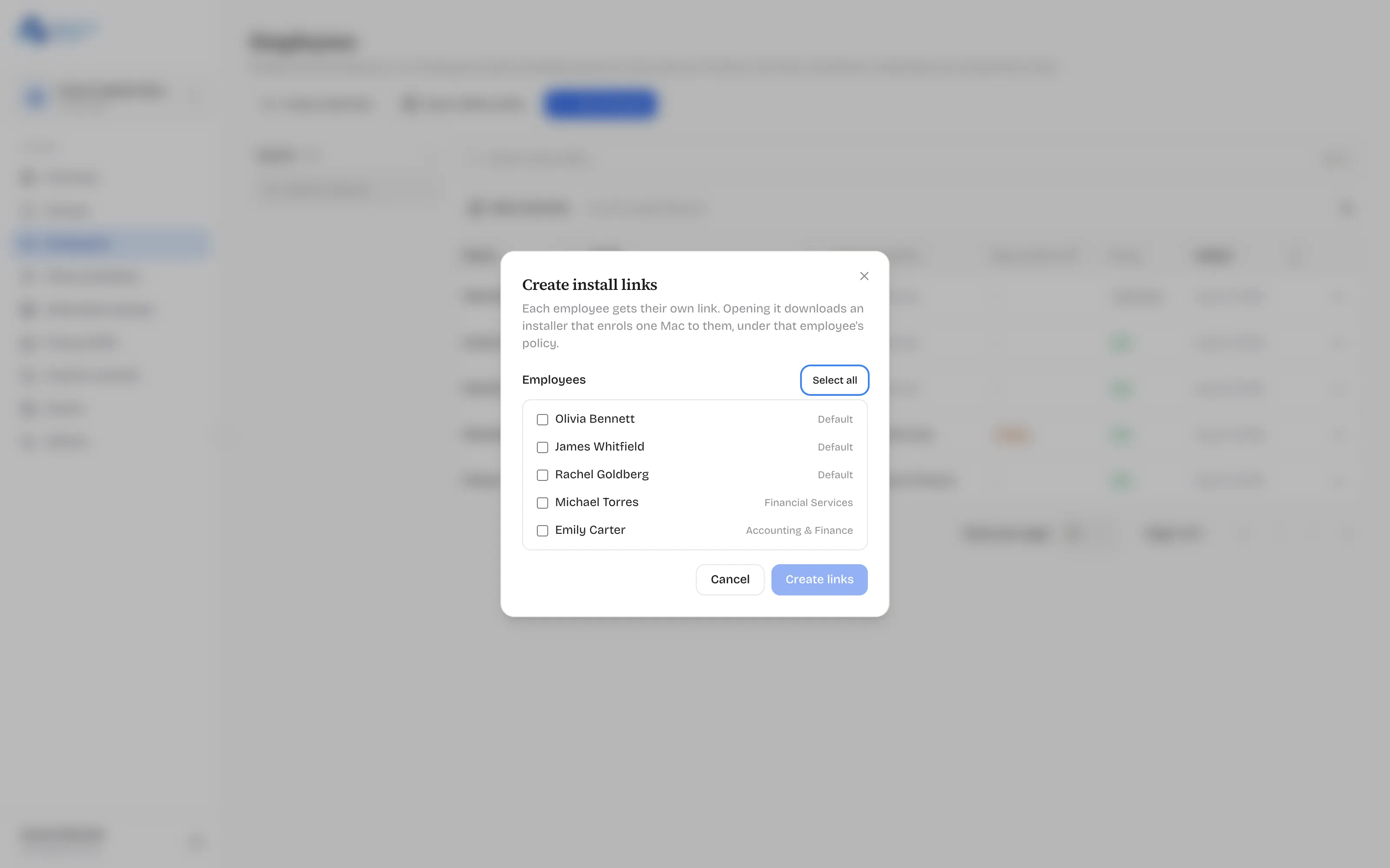 Create install links dialog