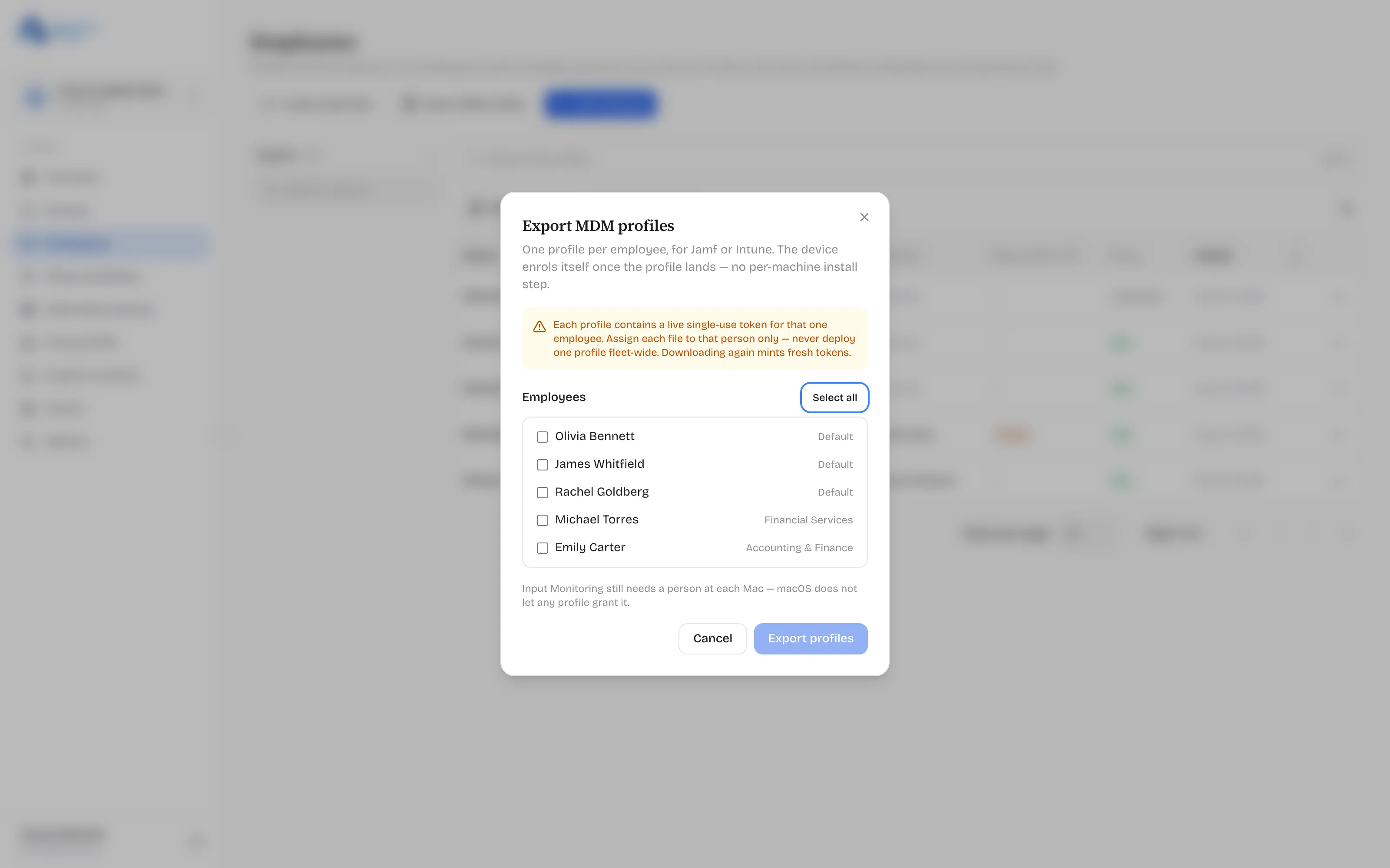 Export MDM profiles dialog