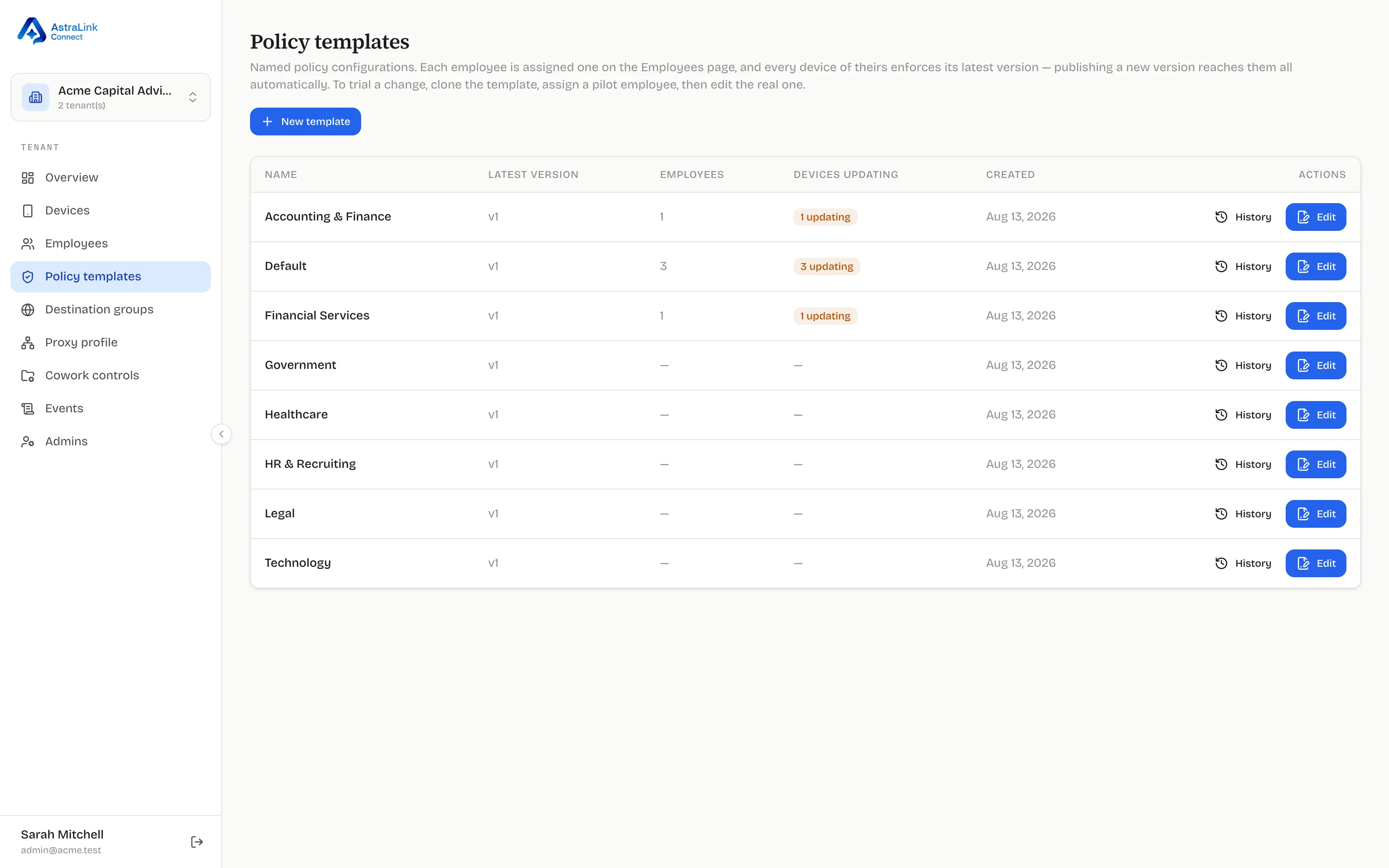 Policy templates page